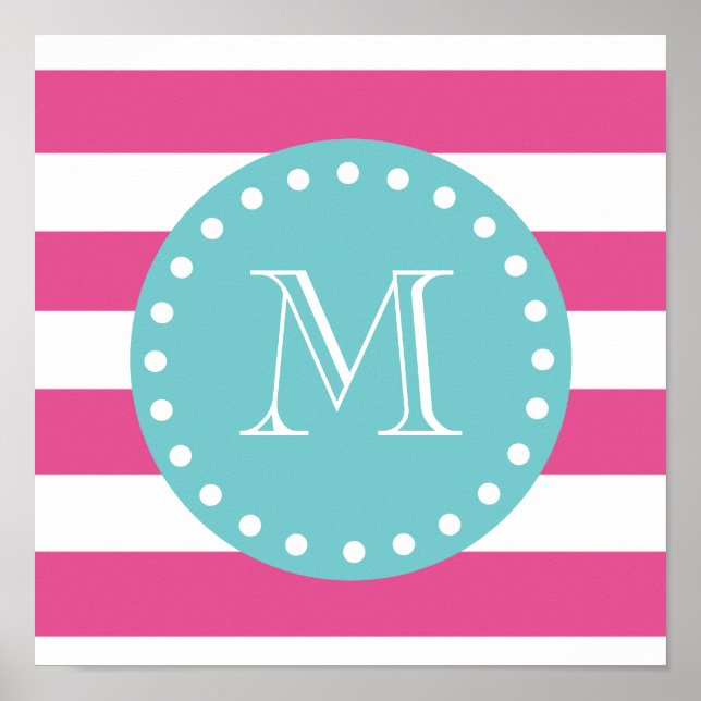 Shock rosa White Rand Mönster, Teal Monogram Poster (Framsidan)