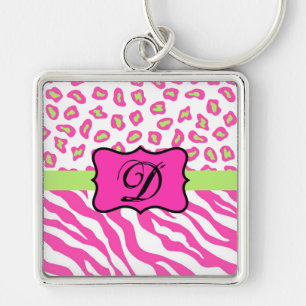 Shock rosa White zebra Leopard Skin Monogram Initi Fyrkantig Silverfärgad Nyckelring