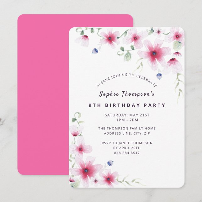 Shock rosa Wildblommor Simple Girly Födelsedagsfes Inbjudningar (Fram/baksida)