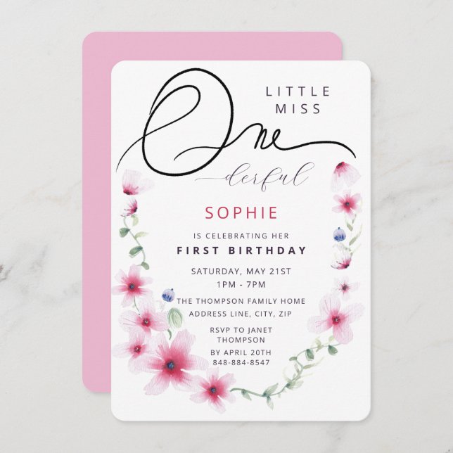 Shock rosa Wildblommor Wandeans En underbar flicka Inbjudningar (Fram/baksida)
