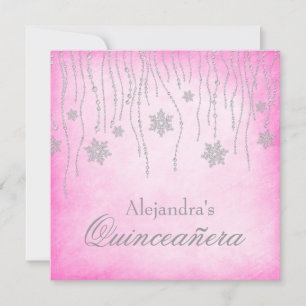 Shock rosa Winter Wonderland Snöflingor Quinceaner Inbjudningar