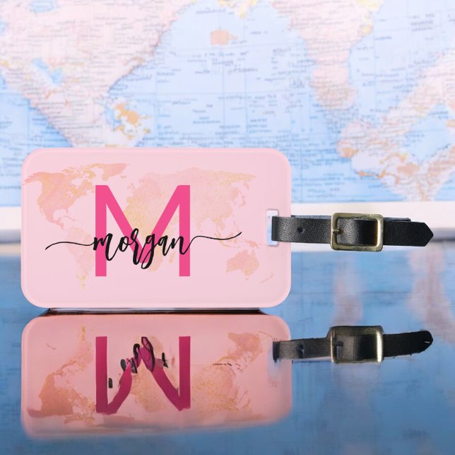 Shock rosa World Traveler Karta Monogram Namn Bagagebricka (Skapare uppladdad)