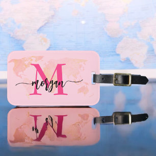 Shock rosa World Traveler Karta Monogram Namn Bagagebricka