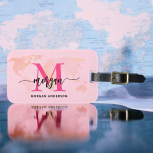 Shock rosa World Traveler Karta Monogram Namn Bagagebricka