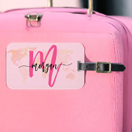 Shock rosa World Traveler Karta Monogram Namn Bagagebricka