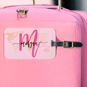 Shock rosa World Traveler Karta Monogram Namn Bagagebricka