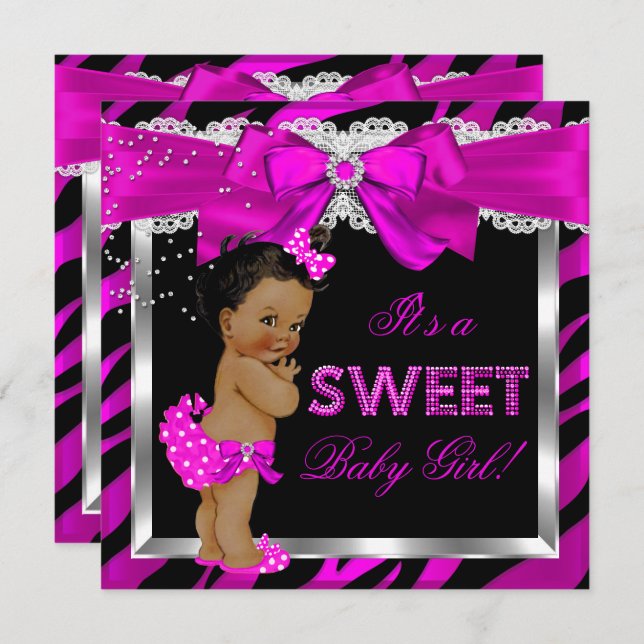 Shock rosa Zebra Baby Shower Girl African American Inbjudningar (Fram/baksida)