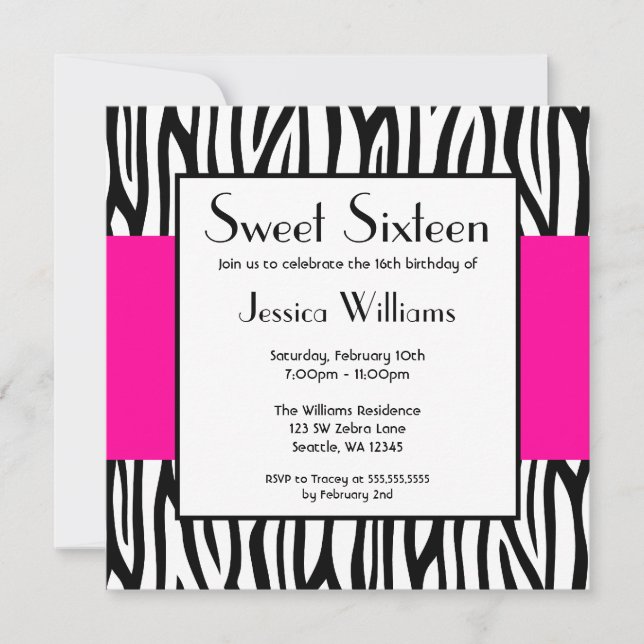 Shock rosa Zebra Modern Sweet 16 Inbjudningar (Framsida)