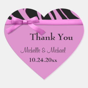 Shock rosa Zebra ränder och Bow Tack Hjärtformat Klistermärke