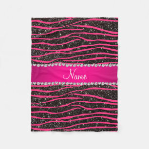 Shock rosa zebra ränder svart glitter rosa rand fleecefilt