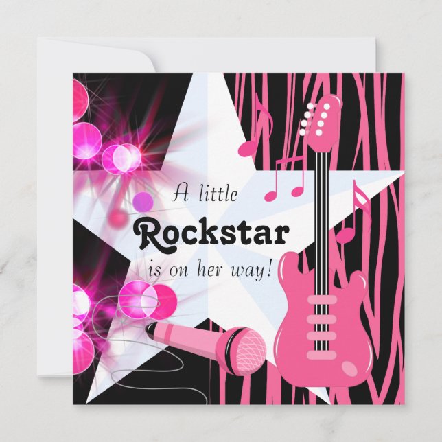 Shock rosa Zebra Rockstar Flicka Shower Inbjudningar (Framsida)