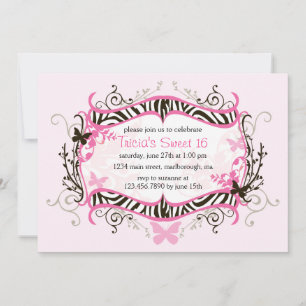 Shock rosa Zebra Sweet 16 Inbjudningar