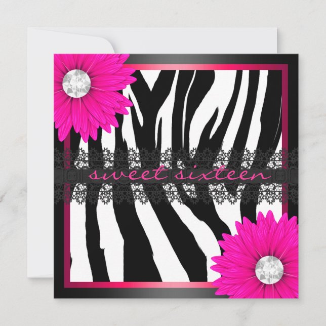 Shock rosa Zebra Sweet sixteen Inbjudningar (Framsida)