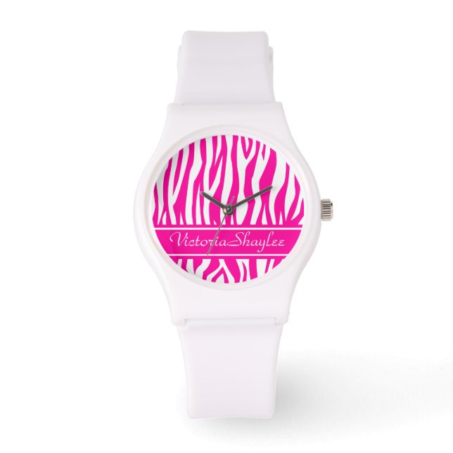 Shock rosa Zebra tryck med anpassningsbar Armbandsur (Framsida)