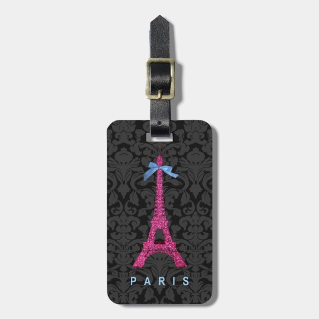 Shock rosaEiffel torn i fauxglitter Bagagebricka (Vertikal Framsida)