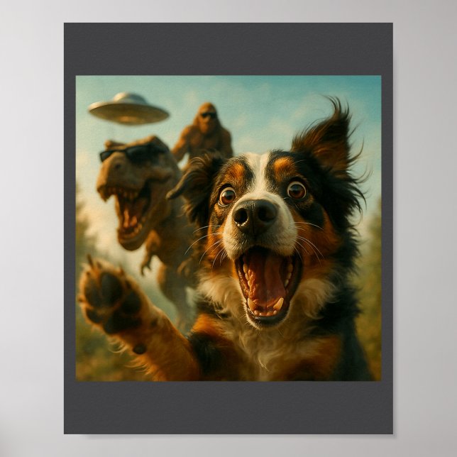 Shocked Australian Shepherd Dog T-rex Bigfoot Ufo  Poster (Framsidan)
