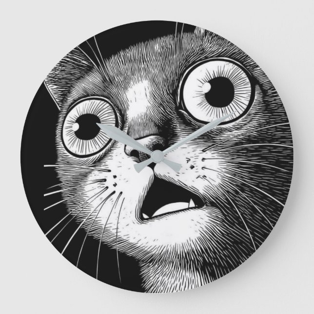 Shocked Cat Minimalist Black & White Clock Stor Klocka (Framsida)