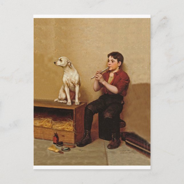 Shoe Shine Boy med Flute och Hund 1907 Vykort (Framsida)