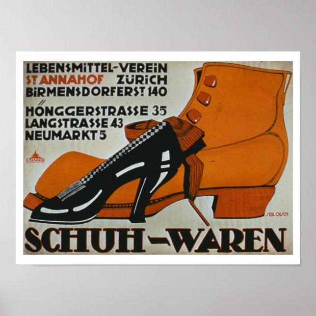 "Shoe Shops", Zürich (färg litho) Poster (Framsidan)