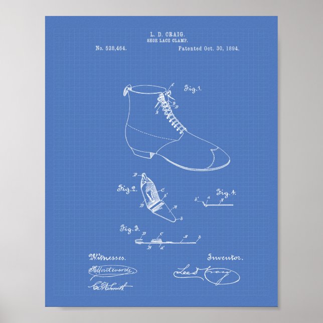 Shoe Snöre Clampa 1894 Patent Art Blueprint Poster (Framsidan)
