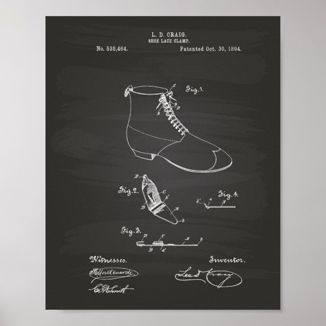 Shoe Snöre Clampa 1894 Patent Art Chalkboard Poster (Framsidan)