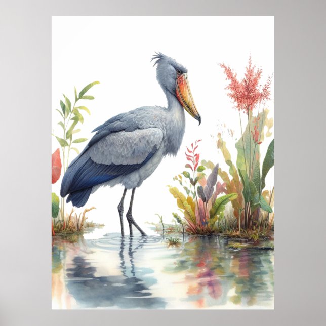 Shoebill Stork Watercolor-målning Poster (Framsidan)