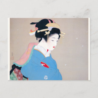 Shoen Uemura 上村松園 着物 女性 冬 雪 舞妓 芸者 日本画 美人画 浮世絵 青 Vykort