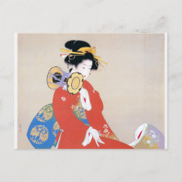 Shoen Uemura 上村松園 着物 女性 太鼓 楽器演奏 芸者 日本画 美人画 浮世絵 赤 青 Vykort