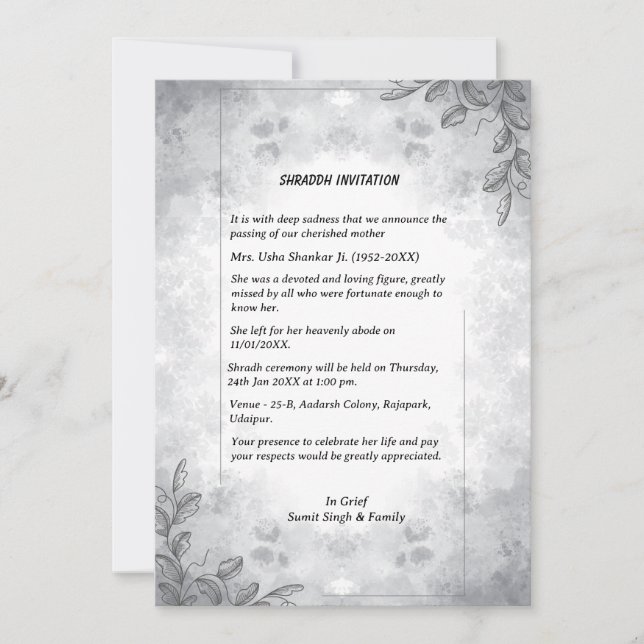 Shok Sandesh Hindu Shraddh Inbjudningar (Framsida)