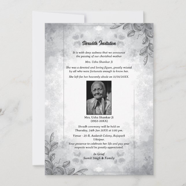 Shok Sandesh Hindu Shraddh Inbjudningar (Framsida)
