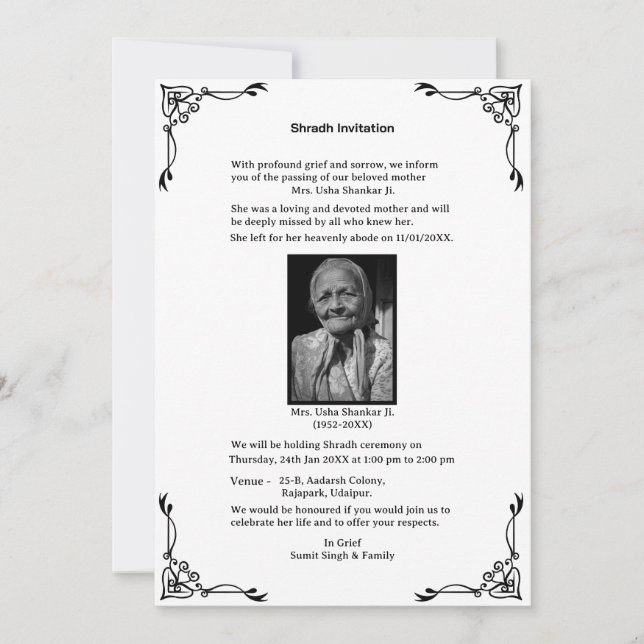 Shok Sandesh Hindu Shraddh Inbjudningar (Framsida)