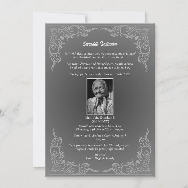 Shok Sandesh Hindu Shraddh Inbjudningar (Framsida)