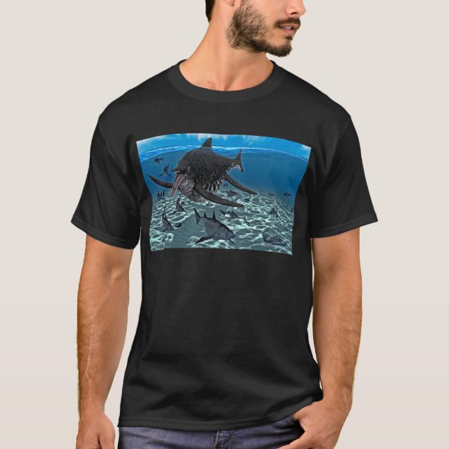 Shonisaurus anfaller hajar på havet t shirt (Framsida)