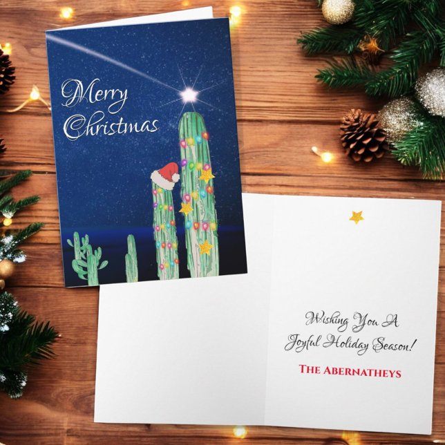 Shooting Star Southwest Kactus Anpassad Helgkort (Christmas greeting card cover and inside template text)