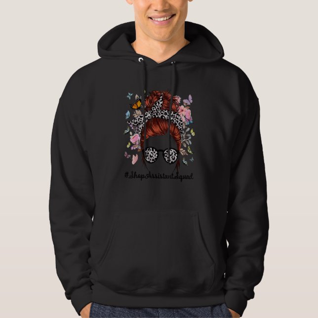 Shop Assistant Messy Bun Leopard Butterfly Blommig Hoodie (Framsida)