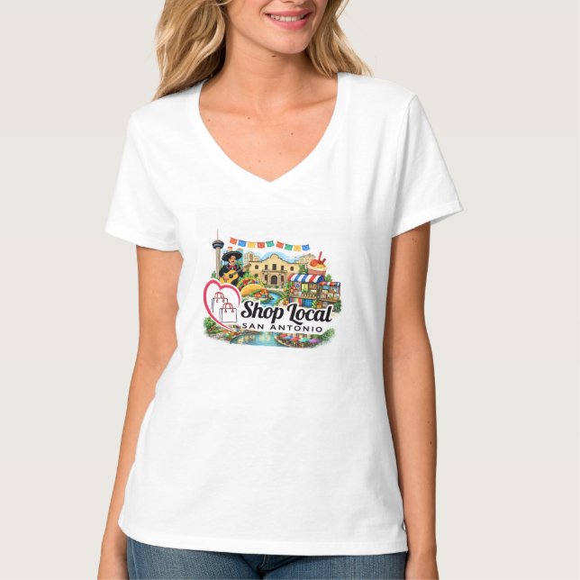 Shop Local San Antonio V-Neck T-Shirt (Framsida)