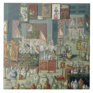 Shoppa sälja kinesiska godor, mid--18thårhundrad kakelplatta