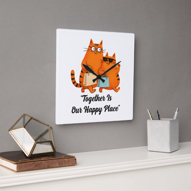 Shopping Day Cat Love Wall Clock Fyrkantig Klocka (Kontor)