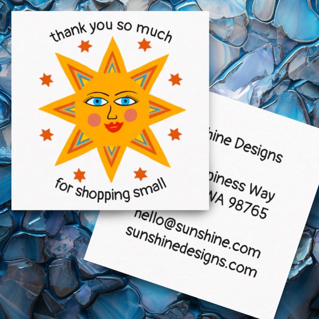 Shopping småskalig solskenbar Tack för ANPASSNINGS Fyrkantigt Visitkort (Small business thank you for your order custom card with cheerful sun)