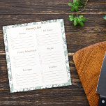 Shoppinglista för anpassningsbar Livsmedel Anteckningsblock<br><div class="desc">Det här Anteckningsblocket med Livsmedel-köplistan är dekorerat med tealblått grönt leafy foliage eucalyptus gräns. Skripttypografi för elegant betecknar sektioner för varje del av butiken för att göra din shopping enklare och mer organiserad. Du kan lägga till namn i familjen eller rumskamrat i titeln, t.ex. "Lynns lista över Livsmedel". Textrubriken för...</div>