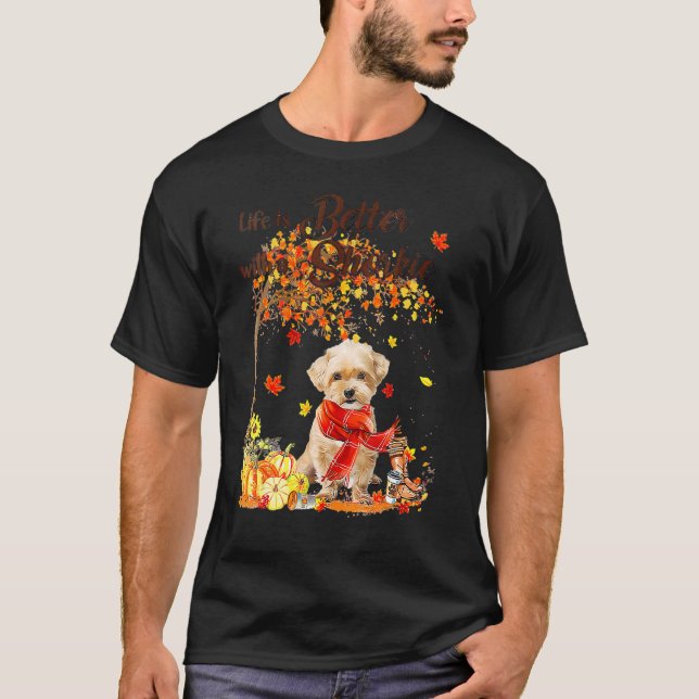 Shorkie Maple Tree Thanksgiving Day Cute Dog Fall T Shirt (Framsida)