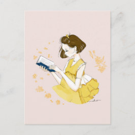 Short Bob Girl Reading Illustration Vykort