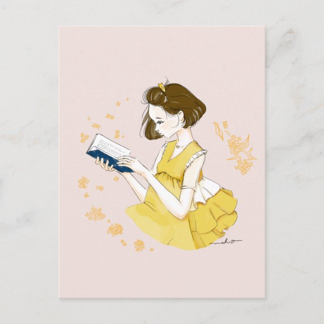 Short Bob Girl Reading Illustration Vykort (Framsida)