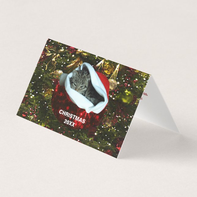 Shorthair Grått Cat i Red Santa Hat jul 20XX Kort (Framsida)