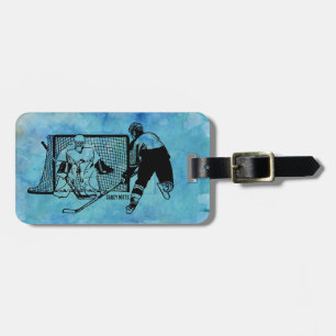 Shot på Net Hockey Bläck Sketch på Blue Watercolor Bagagebricka