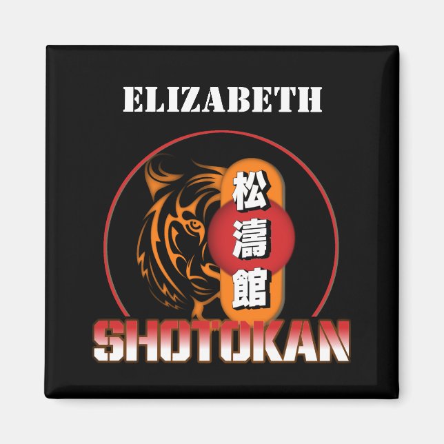 Shotokan Karate Tiger och Japanska Kanji Ditt namn Magnet (Framsidan)