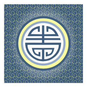 Shou Chinese Longevity Symbol - Blue and Gult Fototryck