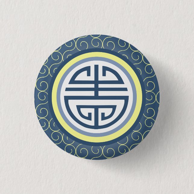 Shou Chinese Longevity Symbol - Blue and Gult Knapp (Framsida)