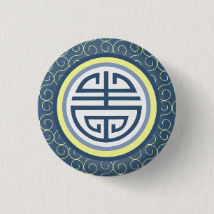 Shou Chinese Longevity Symbol - Blue and Gult Knapp