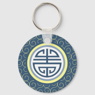 Shou Chinese Longevity Symbol - Blue and Gult Nyckelring